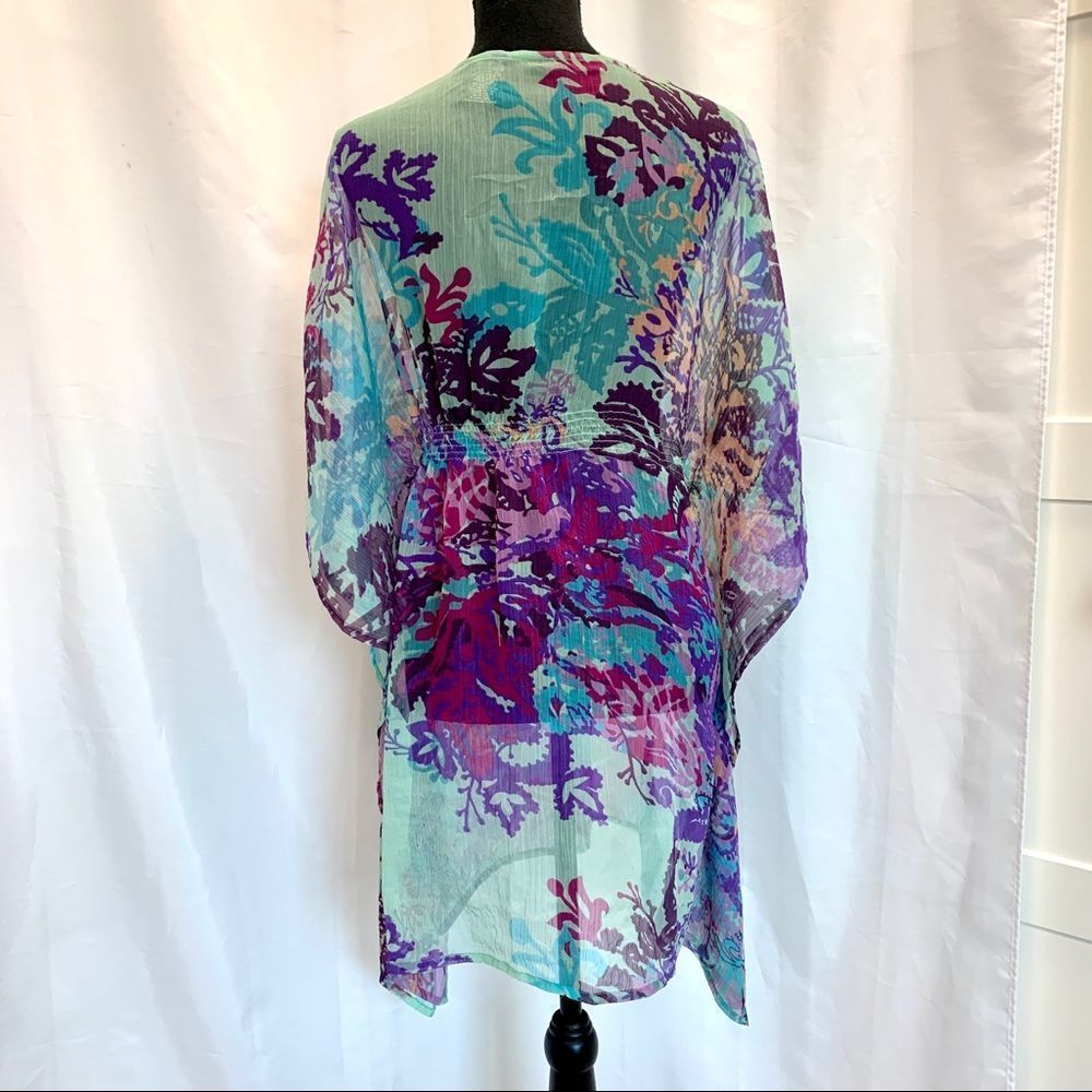 𝅺Tropical chiffon sheer teal blue purple floral beach cover-up blouse sequin SzM - Picture 4 of 10
